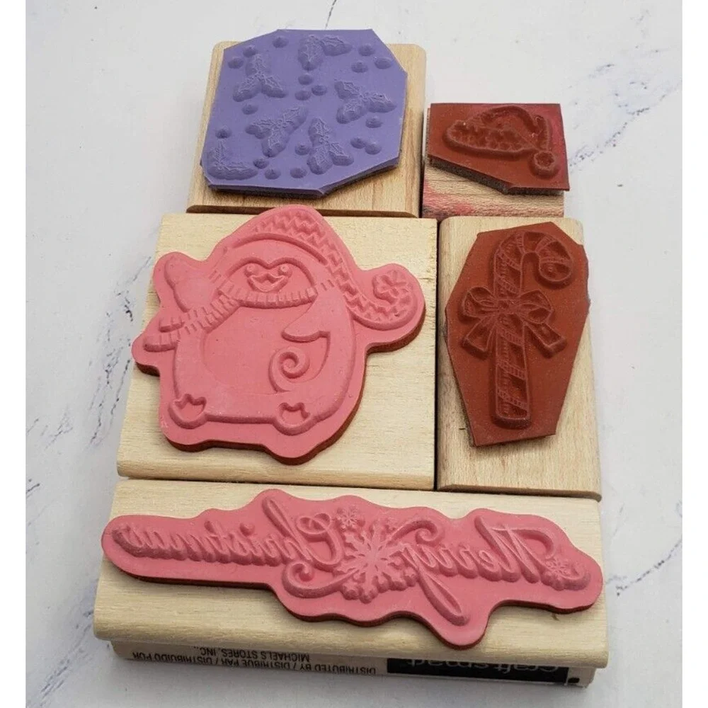 Christmas Themed Lot of 5 Holiday Wood Mounted Rubber Stamps